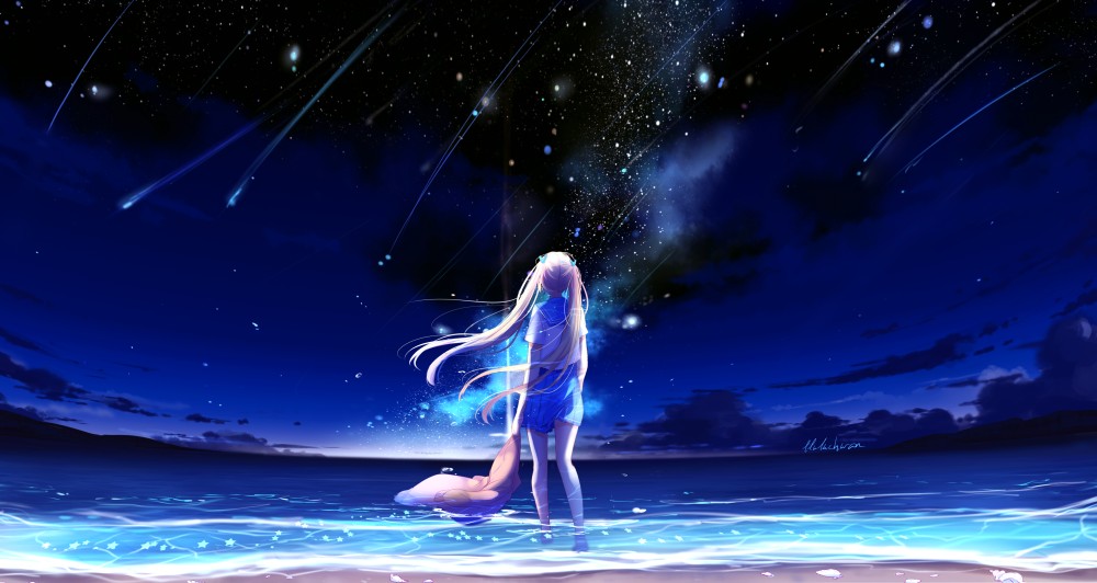 夜晚海边流星划破星空长发女孩4k电脑桌面壁纸