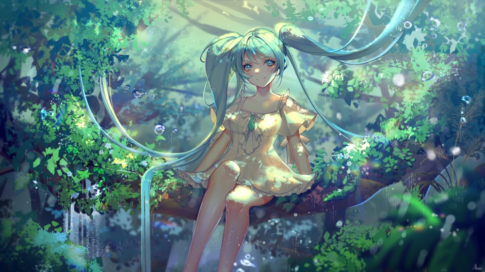 森林里的连衣裙初音未来坐在树枝上5k电脑桌面壁纸