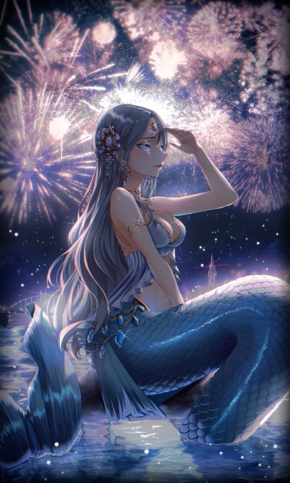 烟花盛开夜晚下的美人鱼4k手机壁纸