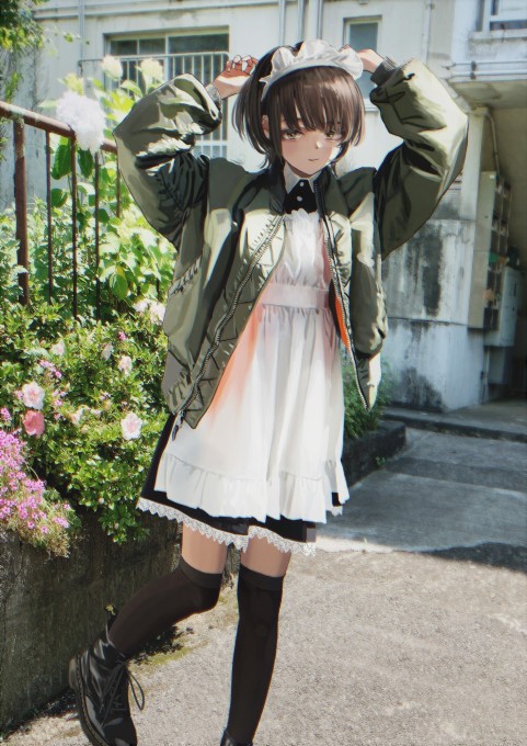 户外女仆装短发女孩4k手机壁纸