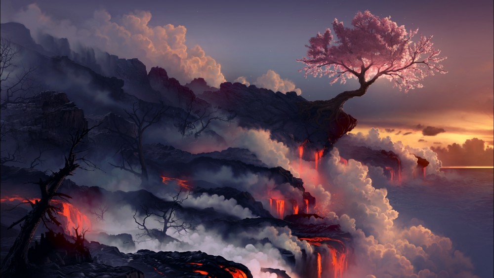 火山熔岩喷发樱花树高清壁纸