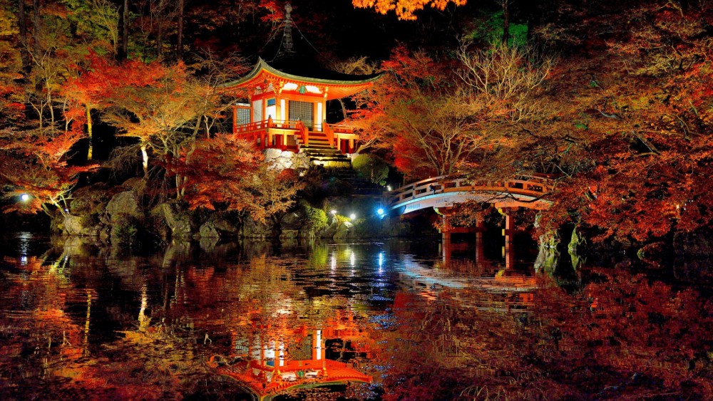 日本夜晚桥楼梯水反射光亮高清壁纸