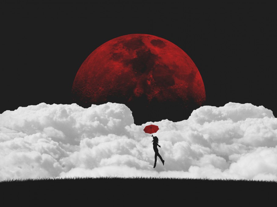 血色月亮女人红色雨伞飞行剪影高清壁纸