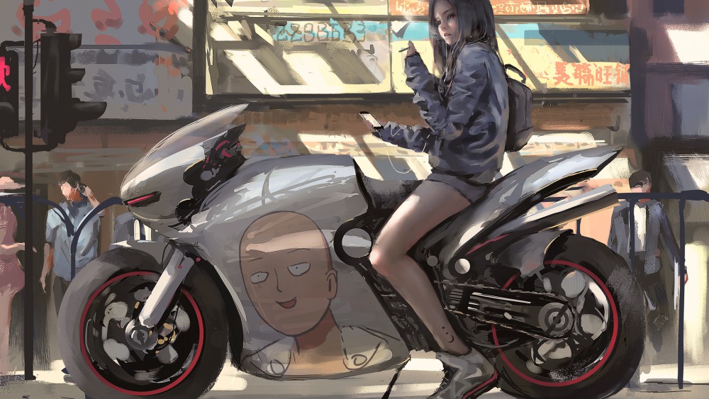 wlop女孩骑着摩托车一拳超人高清壁纸