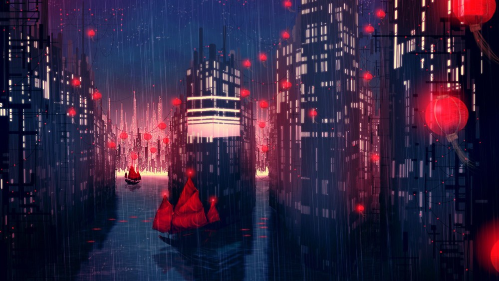 夜晚下雨城市船灯笼概念艺术高清壁纸
