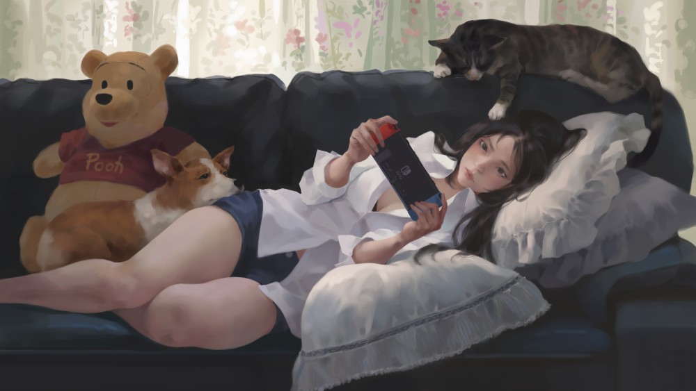 女孩沙发手机猫狗小熊维尼4k高清动漫壁纸