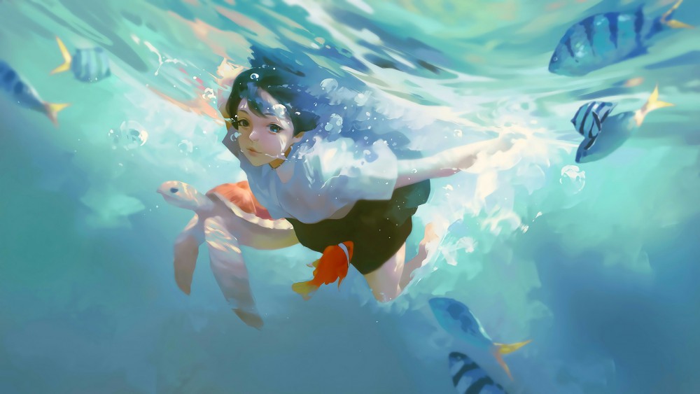 蓝色海水水下女孩海龟鱼唯美意境4k动漫壁纸