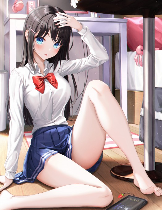 衬衫超短裙动漫美女坐在地板上4k壁纸