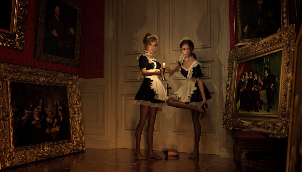 两个身穿女仆装少女点着蜡烛高清2k桌面壁纸