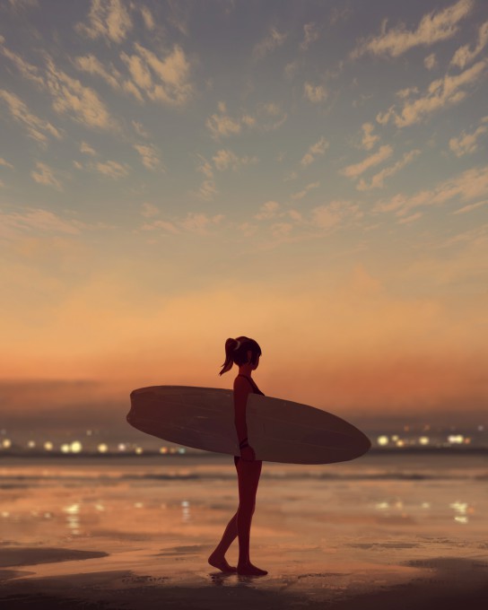 夕阳海边沙滩女孩侧抱着冲浪板2k手机壁纸