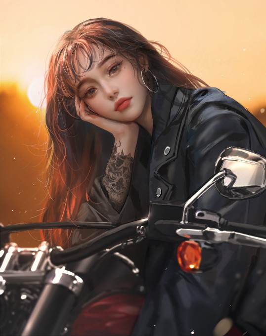 长发纹身美女坐在摩托车单手托腮6k手机壁纸
