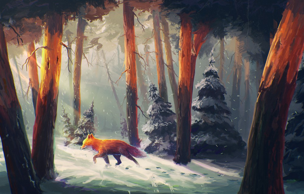 森林中行走的狐狸2k电脑桌面壁纸