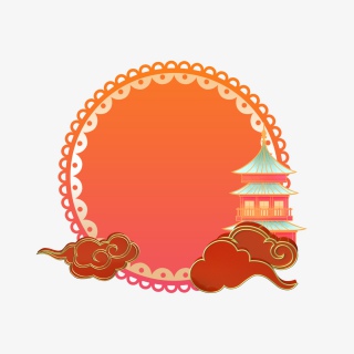 春节国潮圆形剪纸金边背景红色祥云建筑