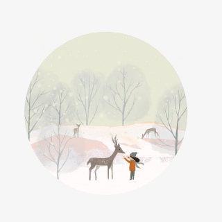 冬季下雪大寒小寒冬天装饰背景边框远山鹿小女孩树