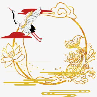 山水云纹挑花树枝仙鹤云纹国潮时尚古风背景插画