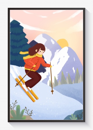 你好一月女孩滑雪蓝色小清新插画