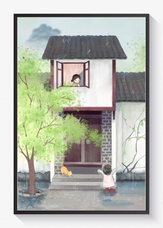 谷雨古风建筑两小女孩打招呼