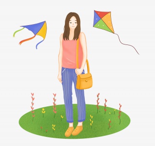 清明背包赏景女孩插画