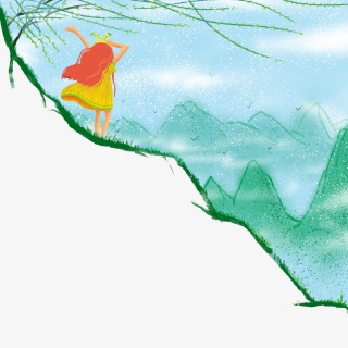 清明节绿色手绘扁平少女登山踏青远望png