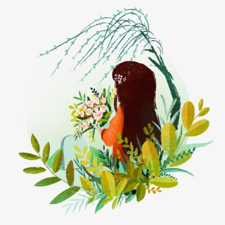 清明节绿色扁平少女捧花祭奠png