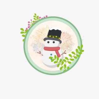 小清新雪人烟花唯美背景圆形徽章装饰
