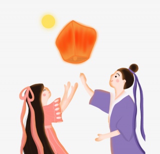 七夕情人节牛郎织女放天灯插画