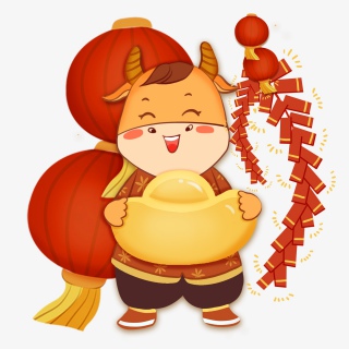 手绘卡通春节牛年祝福灯笼鞭炮小牛元宝元素