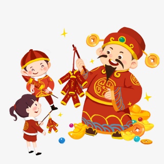 财神爷放鞭炮庆祝喜气洋洋