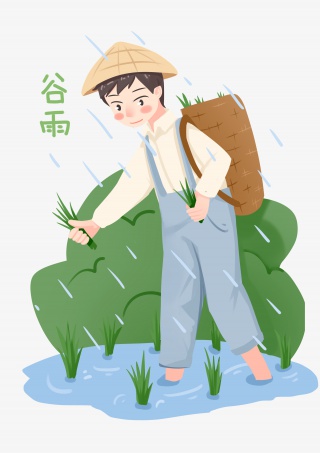谷雨插秧的小男孩