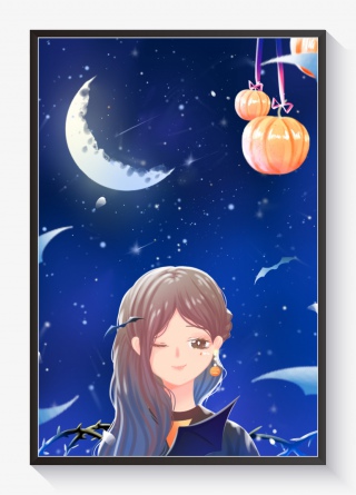 蓝色唯美卡通万圣节节日少女夜晚插画