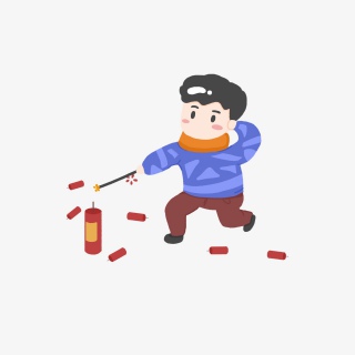 手绘卡通小男孩新年放烟花设计元素