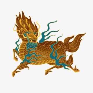 神兽麒麟黄色中国风大气手绘烫金古典春节插画