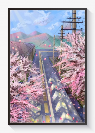 手绘樱花节粉色场景插画